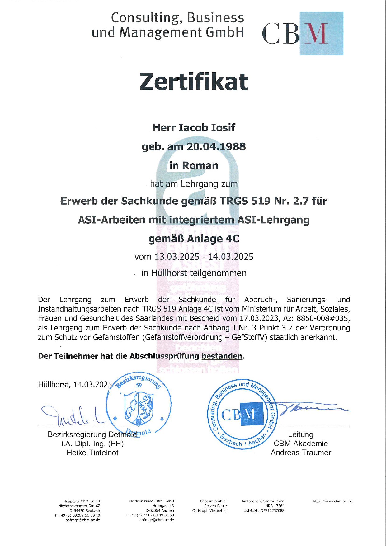 Zertifikat für Asbest-Iosif Iacob Wasserschaden Notdienst