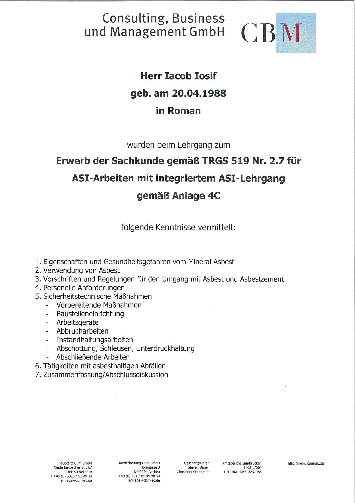 Zertifikat für Asbest-Iosif Iacob Wasserschaden Notdienst HomeFix24